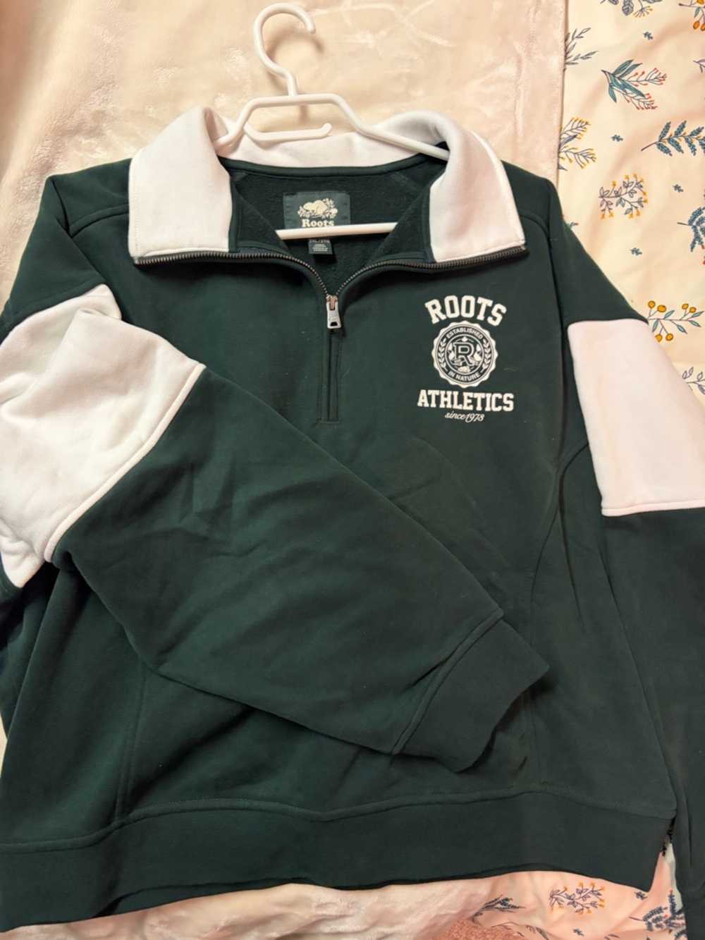 Roots Green and White Half-Zip Athletic Sweatshirt